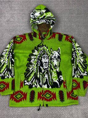 Tejidos Ruminahui Sweater Hoodie Mens Large Native American Chief Wolf Wool
